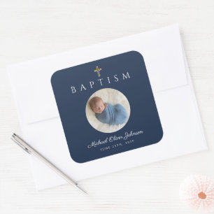Navy Blue Script Religious Cross Boy Baptism Photo Square Sticker