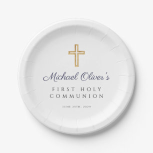 Navy Blue Script Religious Cross First Communion Paper Plate