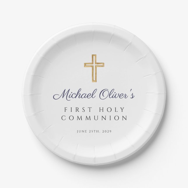 Navy Blue Script Religious Cross First Communion Paper Plate (Front)