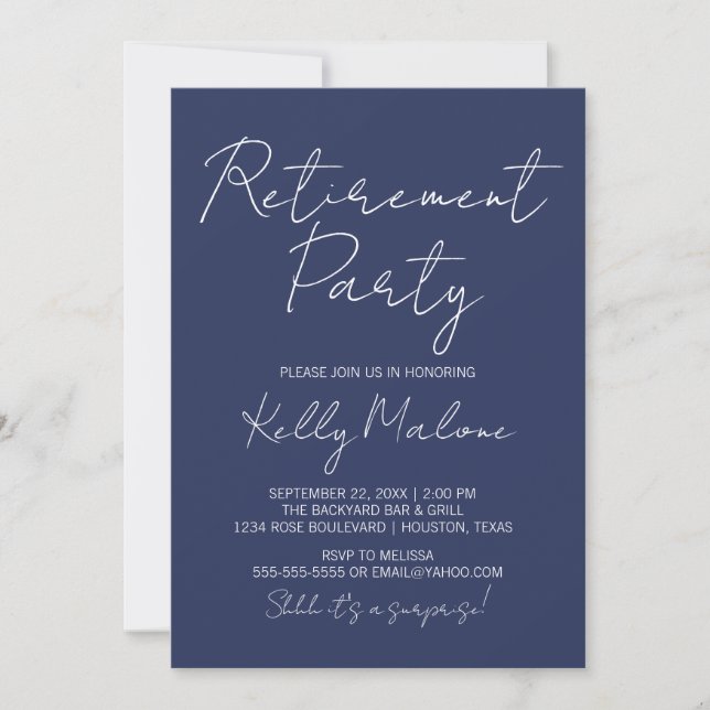 Navy Blue Script Retirement Party Invitation (Front)