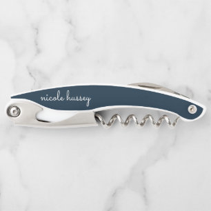 Navy Blue Script Stylish Monogram Modern Corkscrew