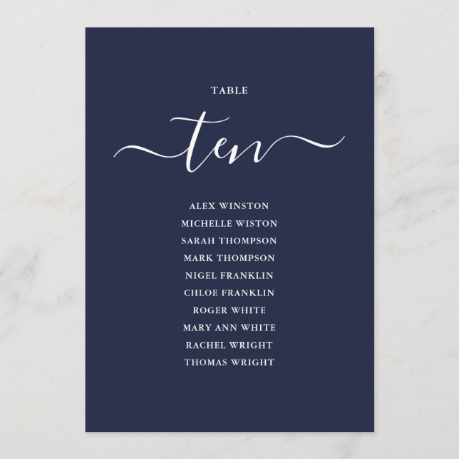 Navy Blue Script Table Number 10 Seating Chart (Front)