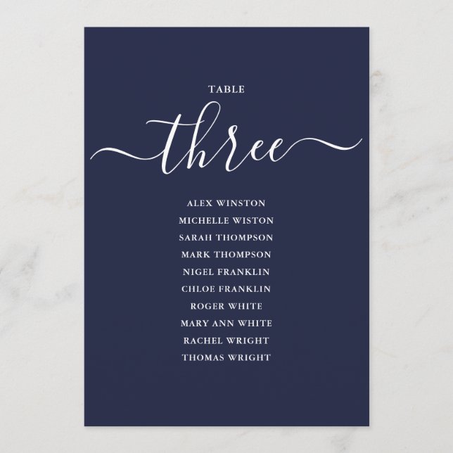 Navy Blue Script Table Number 3 Seating Chart (Front)