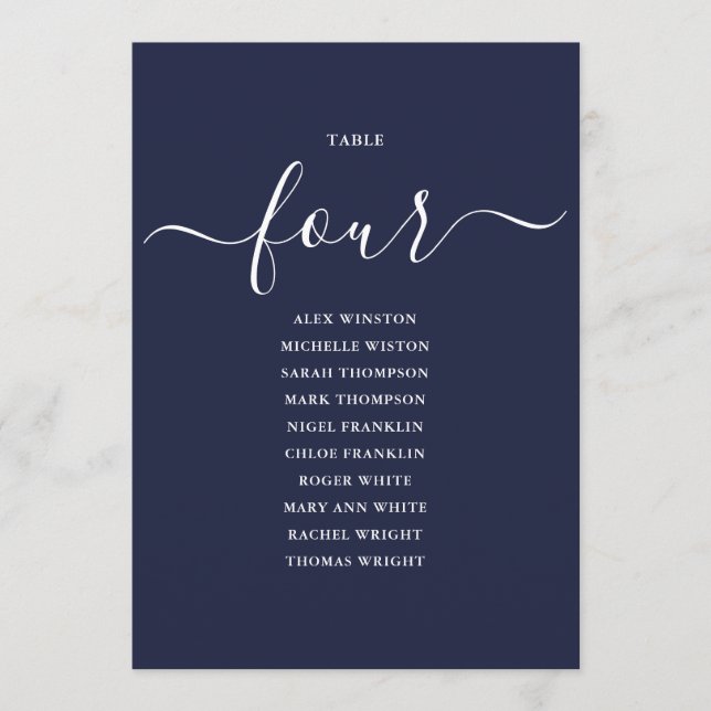 Navy Blue Script Table Number 4 Seating Chart (Front)