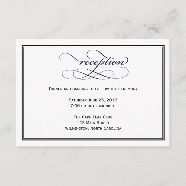 Navy Blue Script Wedding Reception Details Card (Front)