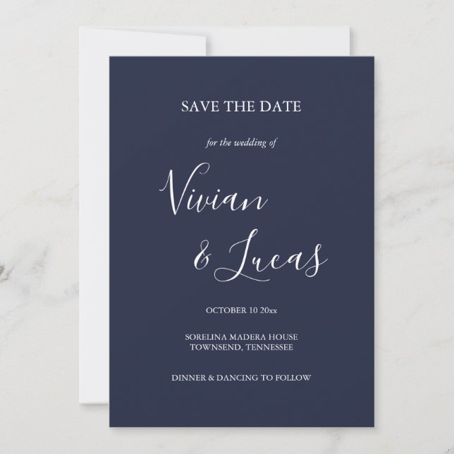 Navy Blue Script Wedding Save the Date (Front)