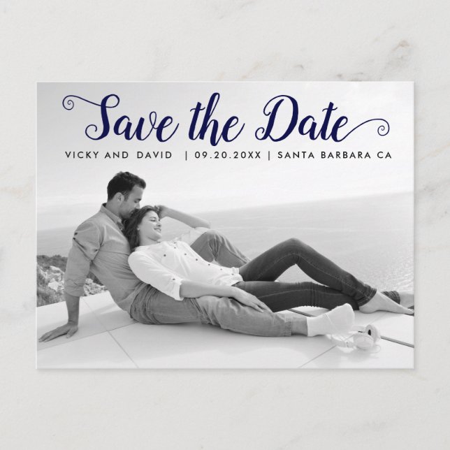 Navy blue script wedding Save the Date photo Postcard (Front)