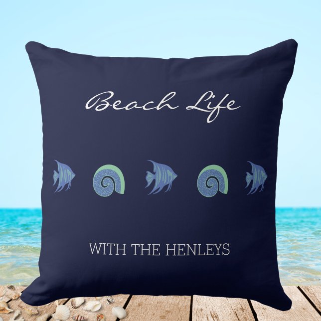 Navy Blue Sea Shells Fish Family Name Beach House Cushion (Creator Uploaded)