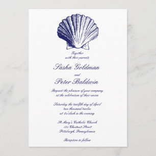 Navy Blue Sea Shells Wedding Invitation