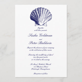 Navy Blue Sea Shells Wedding Invitation