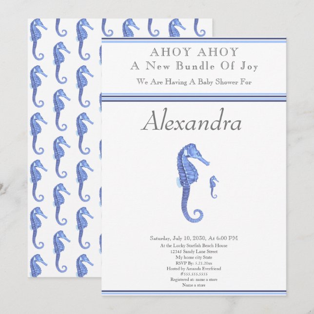Navy Blue Seahorse Ahoy it's a boy Baby Shower (Front/Back)
