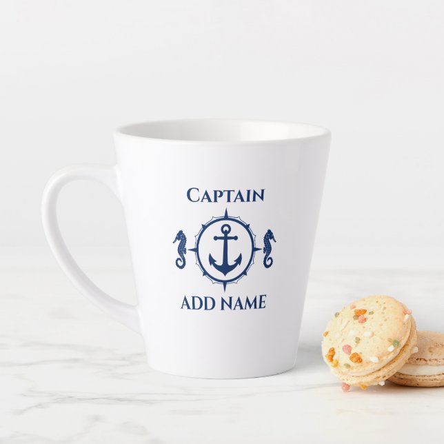 Navy Blue Seahorse & Anchor Name or Boat 2 Sided Latte Mug (In Situ)
