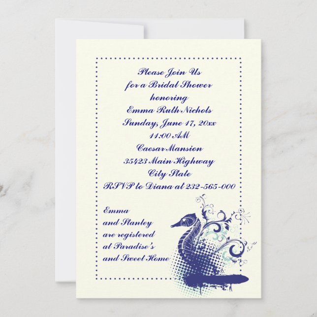 Navy blue seahorse on ivory wedding bridal shower invitation (Front)