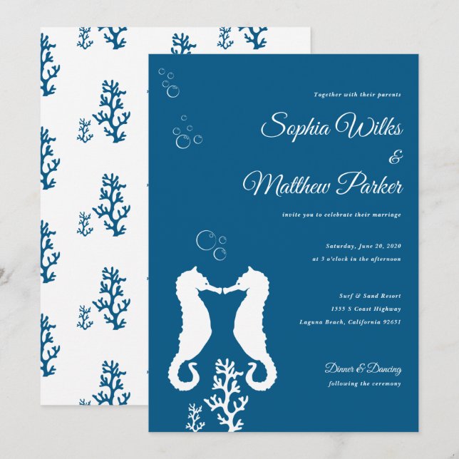 Navy Blue Seahorse Wedding Invitation (Front/Back)