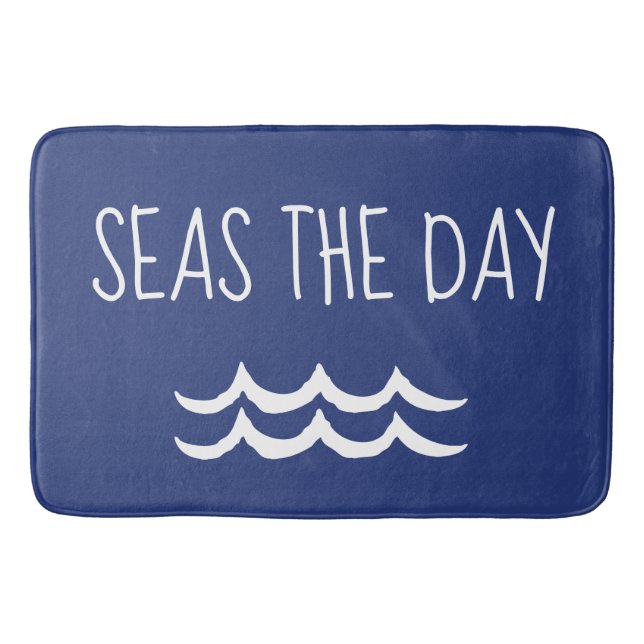 Navy Blue Seas the Day Waves Nautical Bath Mat (Front)