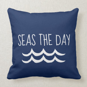 Navy Blue Seas the Day Waves Nautical Cushion