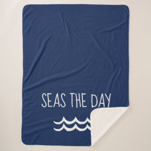 Navy Blue Seas the Day Waves Nautical Sherpa Blanket