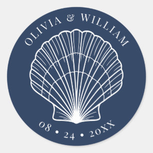 Navy Blue Seashell Beach Coastal Wedding Classic Round Sticker