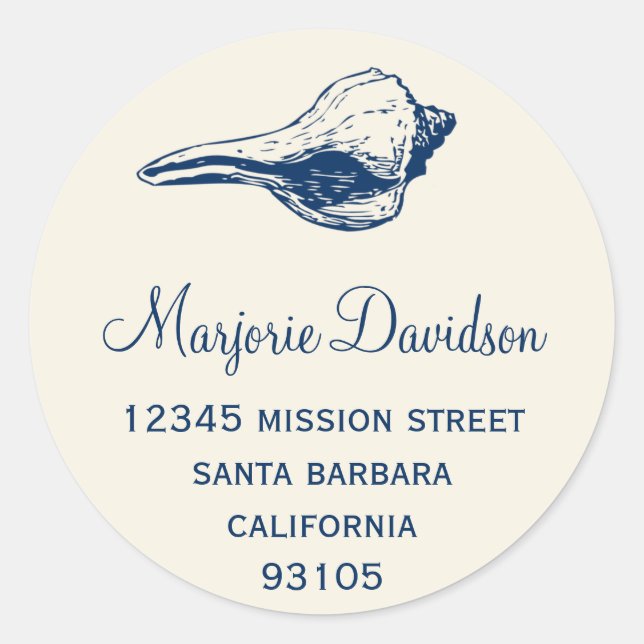 Navy blue seashell beach life circle address label (Front)