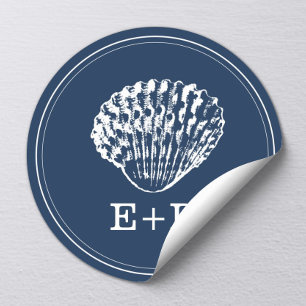 Navy Blue Seashell Beach Wedding Favour Classic Round Sticker