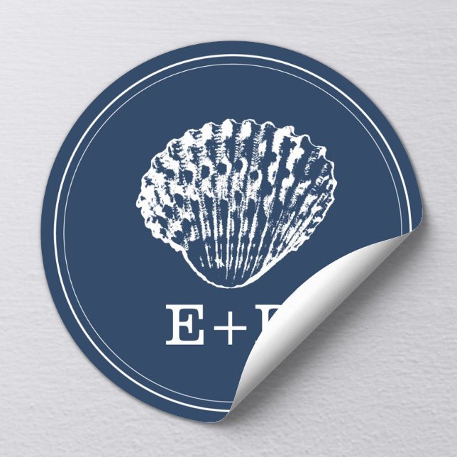 Navy Blue Seashell Beach Wedding Favour Classic Round Sticker (Creator Uploaded)