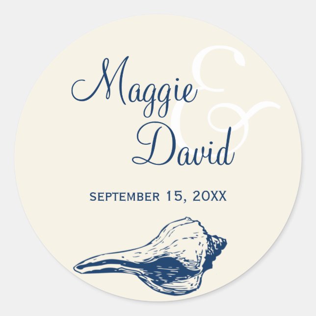 Navy blue seashell beach wedding party favour labe classic round sticker (Front)