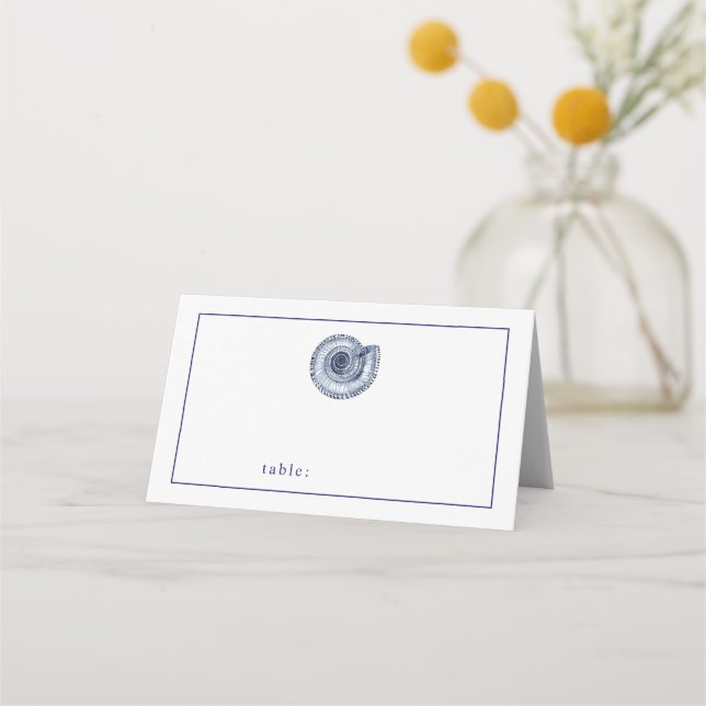 Navy Blue Seashell Blank Table Guest Place Card (Front)