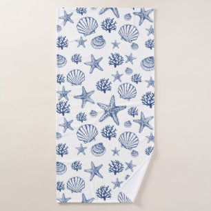Navy Blue Seashell Pattern Bath Towel