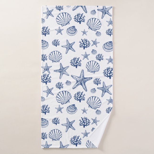 Navy Blue Seashell Pattern  Bath Towel (Bath Towel)