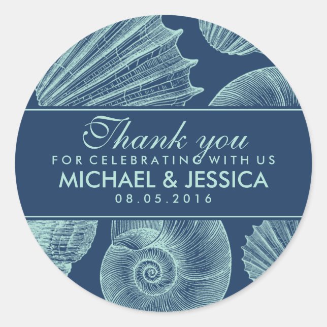 Navy Blue Seashell Wedding Thank You Sticker Label (Front)