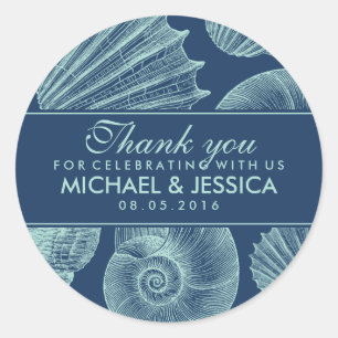 Navy Blue Seashell Wedding Thank You Sticker Label