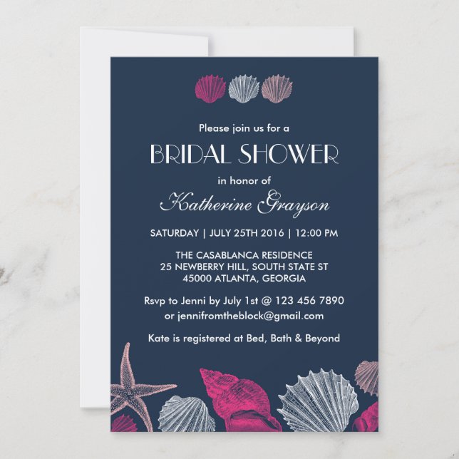 Navy Blue Seashells Invitation for Summer Wedding (Front)