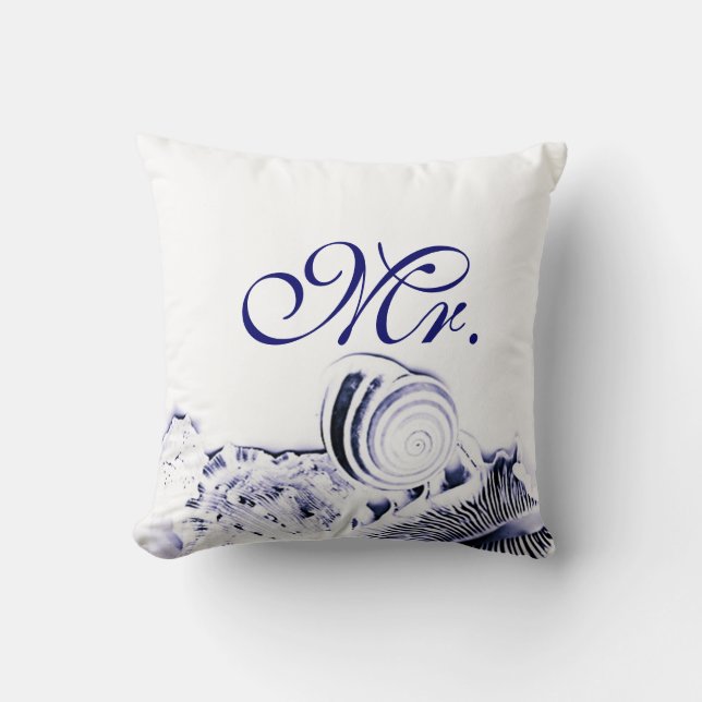 Navy Blue Seashells Mr. & Mrs. Pillow Set of Two (Front)