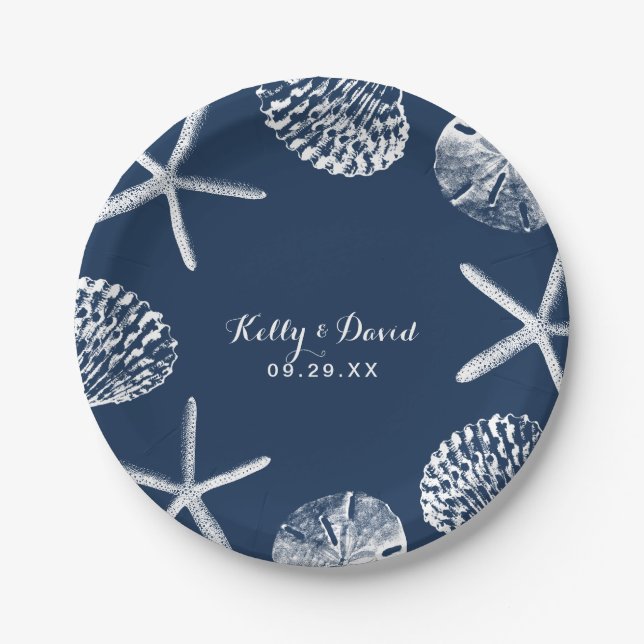 Navy Blue Seashells Summer Beach Wedding Paper Plate (Front)