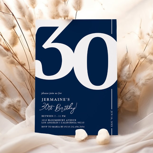Navy Blue Serif 30th Birthday Invitation (Creator Uploaded)