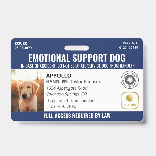 Navy Blue Service Dog 2 Logo & Photo ID Badge (Front)