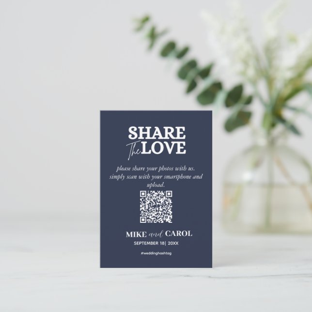 Navy Blue Share The Love Photo Qr Code Wedding Card (Standing Front)