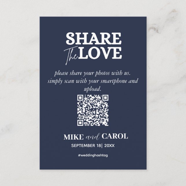 Navy Blue Share The Love Photo Qr Code Wedding Enclosure Card (Front)