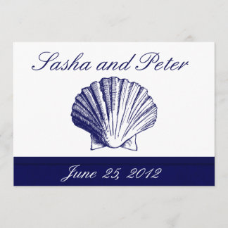 Navy Blue Shell Beach Wedding Invitations