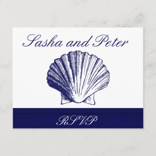 Navy Blue Shell Beach Wedding RSVP Cards