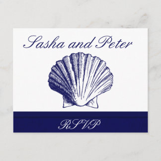 Navy Blue Shell Beach Wedding RSVP Cards