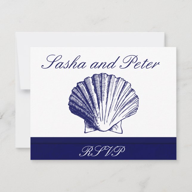 Navy Blue Shell Beach Wedding RSVP Cards (Front)