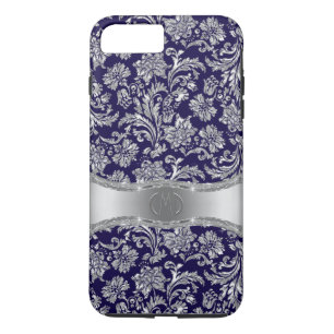 Navy Blue & Shiny Silver Floral Damasks iPhone 8 Plus/7 Plus Case