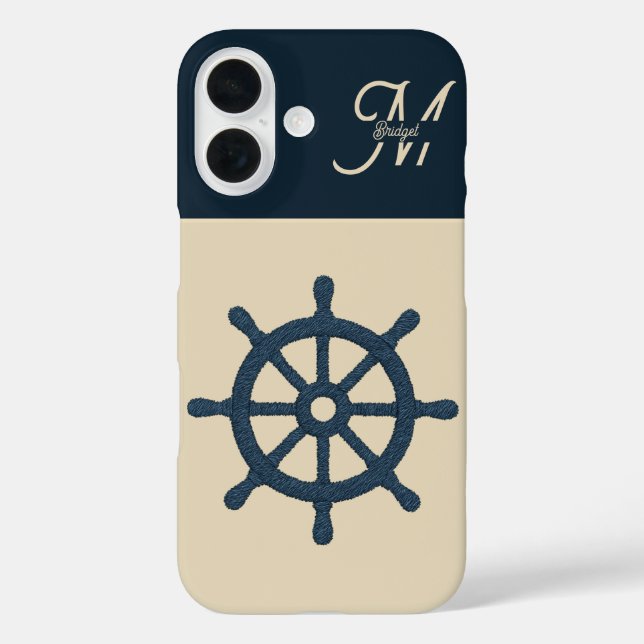navy blue ship wheel & Monogram Beige Coastal home Case-Mate iPhone Case (Back)