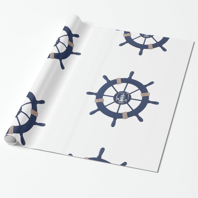 Navy blue Ship wheel nautical Wrapping Paper (Unrolled)