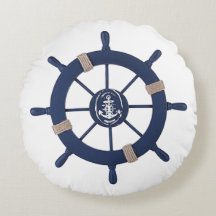 Navy Blue Ship Wheel Round Pillow