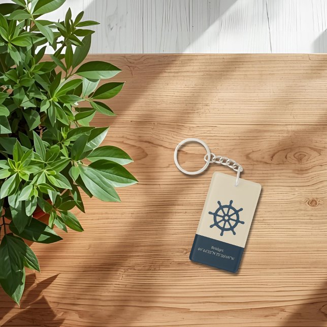 navy blue ship wheel with Name and Coordinates Key Ring (Creator Uploaded)