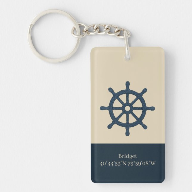 navy blue ship wheel with Name and Coordinates Key Ring (Front)