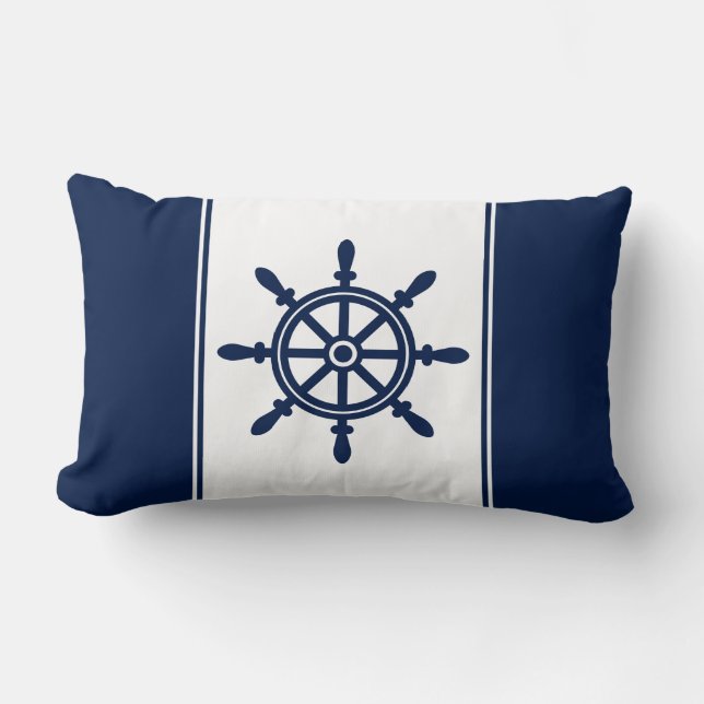 Navy Blue Ship's Wheel Lumbar Pillow (Front)