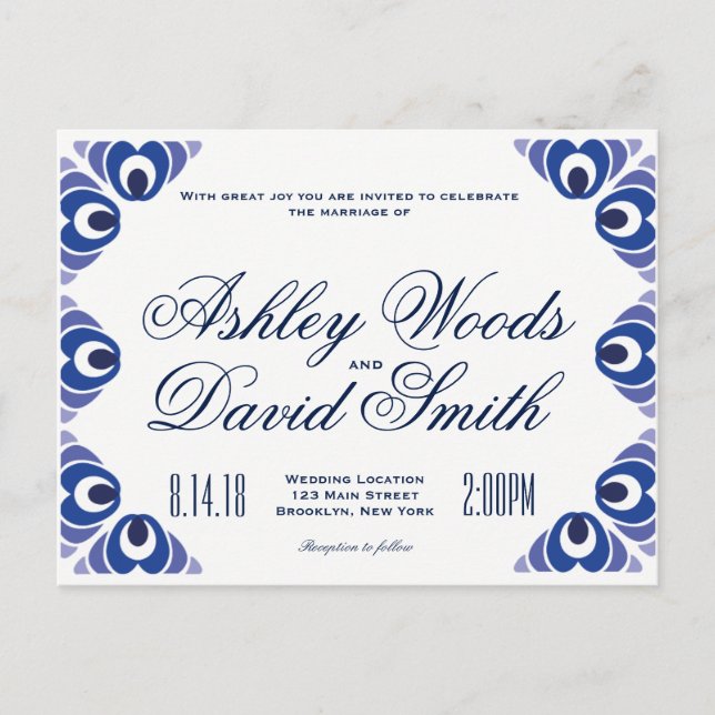 Navy Blue Side Border Wedding Invitation Postcard (Front)